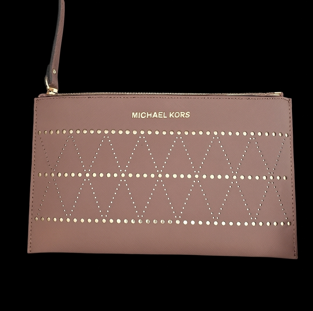 Michael Kors Mauve Studded Leather Wristlet Clutch | Gold Hardware | Saffiano - Picture 2 of 11